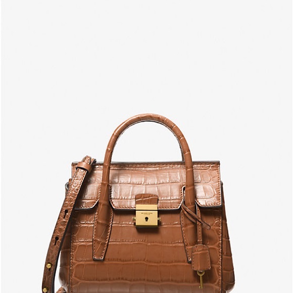Michael Kors Collection Mini Campbell Croc-Embossed Satchel in Saddle - Picture 1 of 11